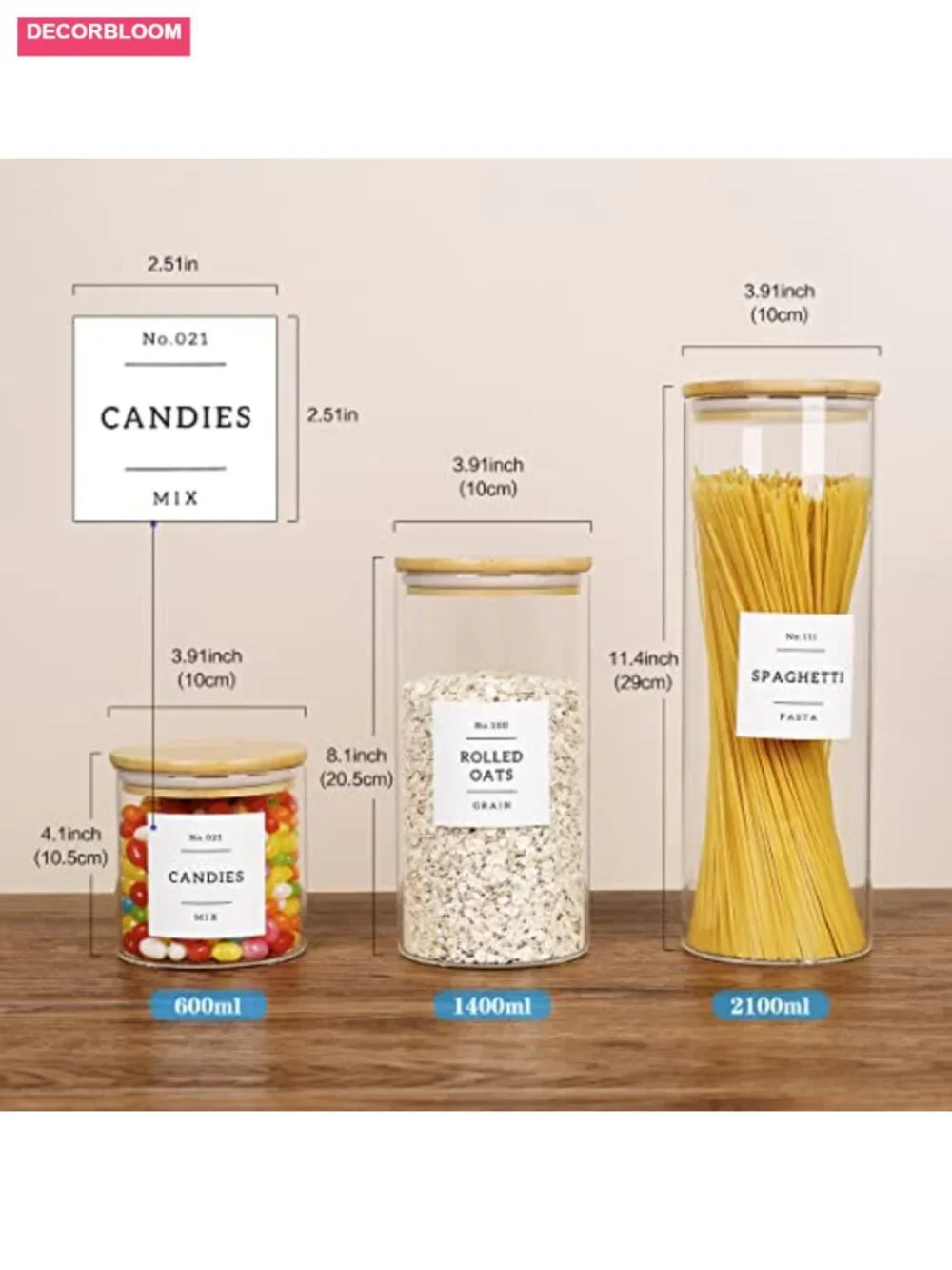 5 Pcs Glass Food Storage Containers With 132 Pantry Labels Preprinted